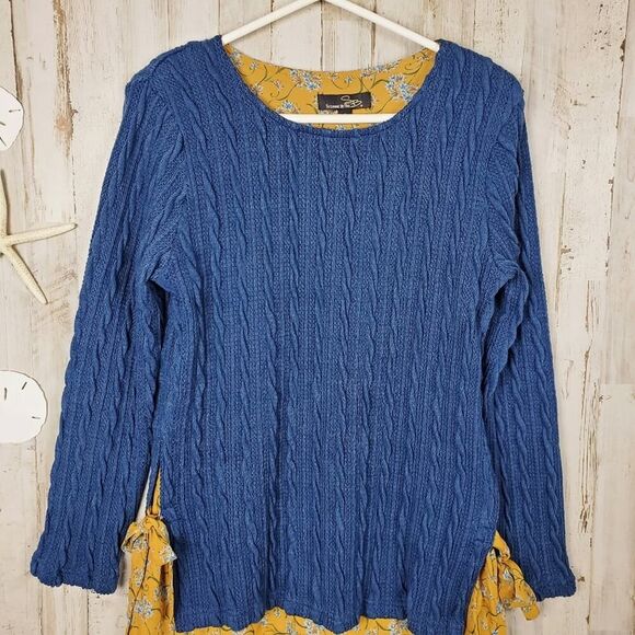 Suzanne Betro Floral Cable Knit Sweater Blue Yellow Size Small - Picture 4 of 10